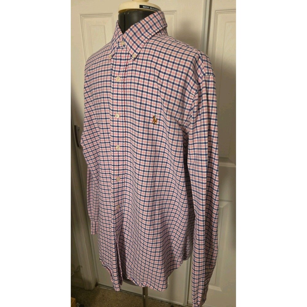 Ralph Lauren Shirt Mens Large Blue Pink Check Oxford Button Down Long Sleeve EUC
